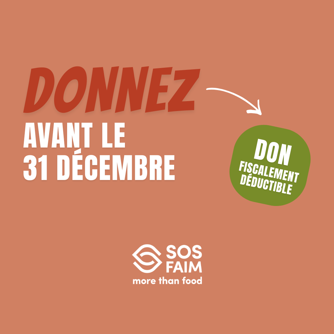 Illustration appelant à faire un don avant le 31 décembre, indiquant que le don à SOS Faim est fiscalement déductible, avec un bouton « Je fais un don ».