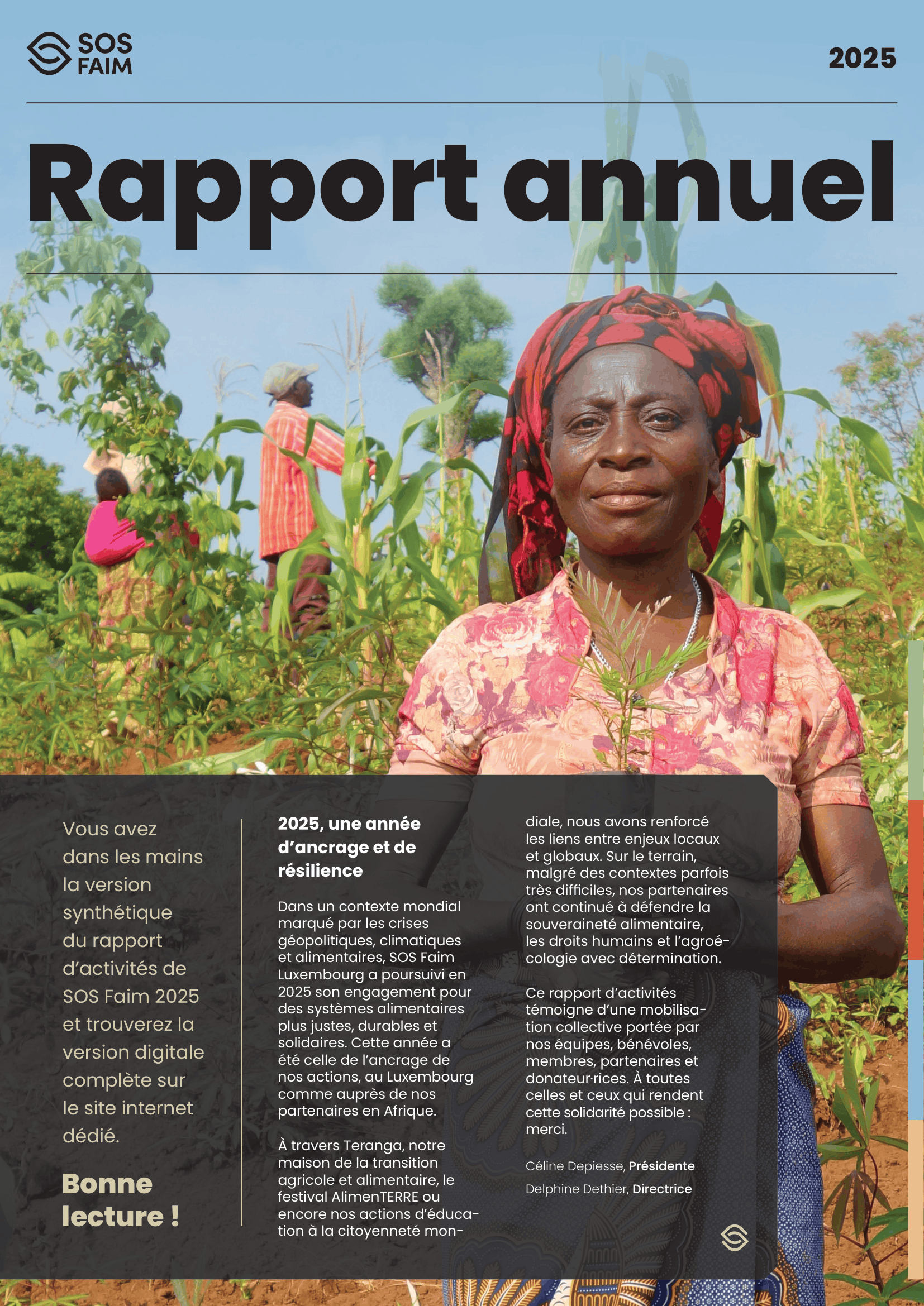 Couverture du rapport d’activités 2025 de SOS Faim mettant en avant une agricultrice partenaire en Afrique.