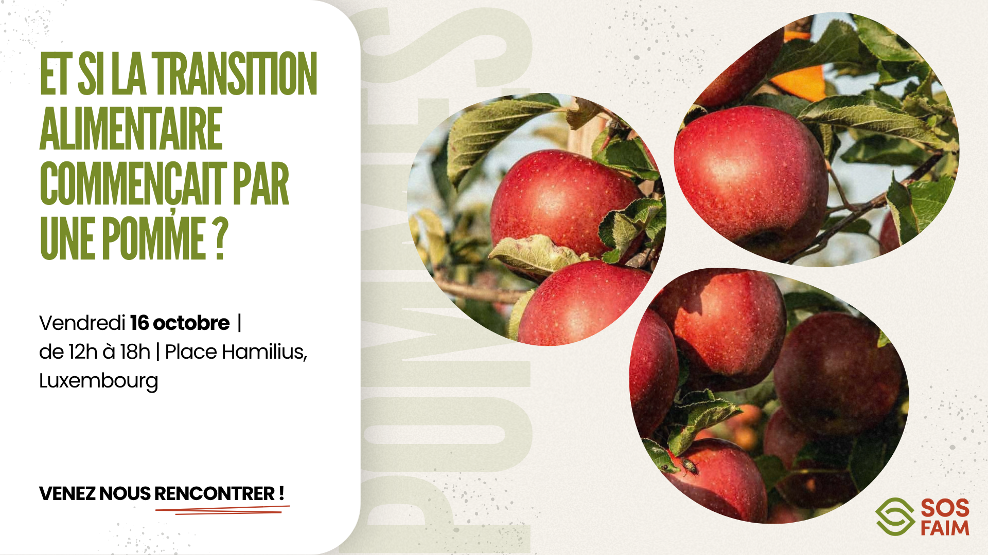 Pommes rouges sur un arbre et invitation à rencontrer SOS Faim le 16 octobre, de 12h à 18h, place Hamilius à Luxembourg.